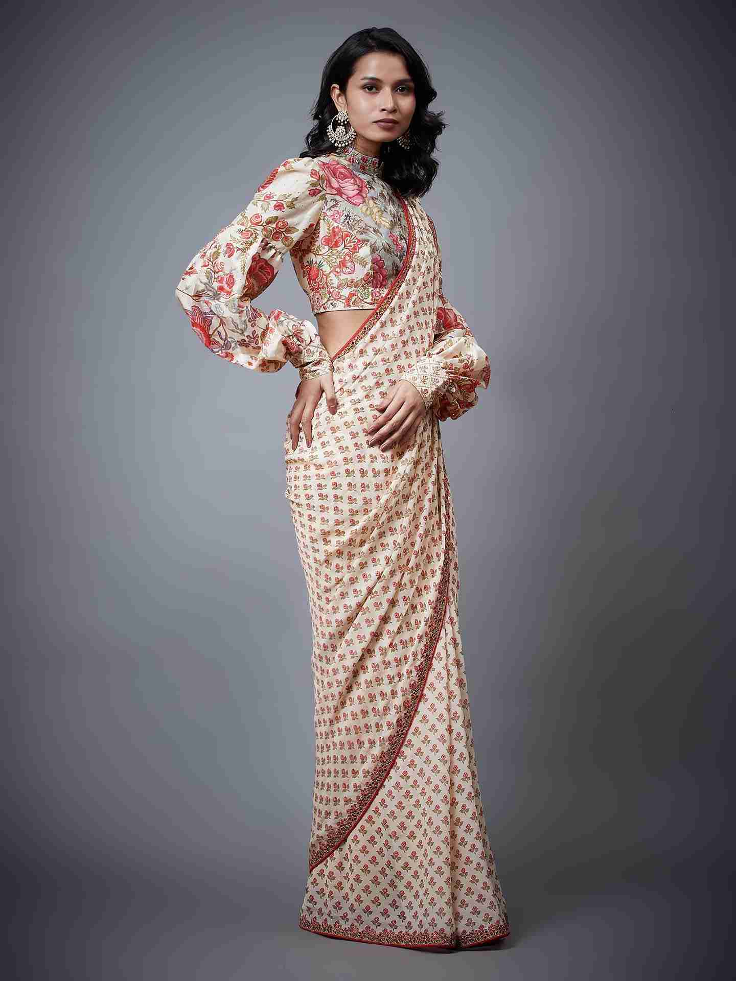 Cream & Multi Navina Saree With Stitched Blouse