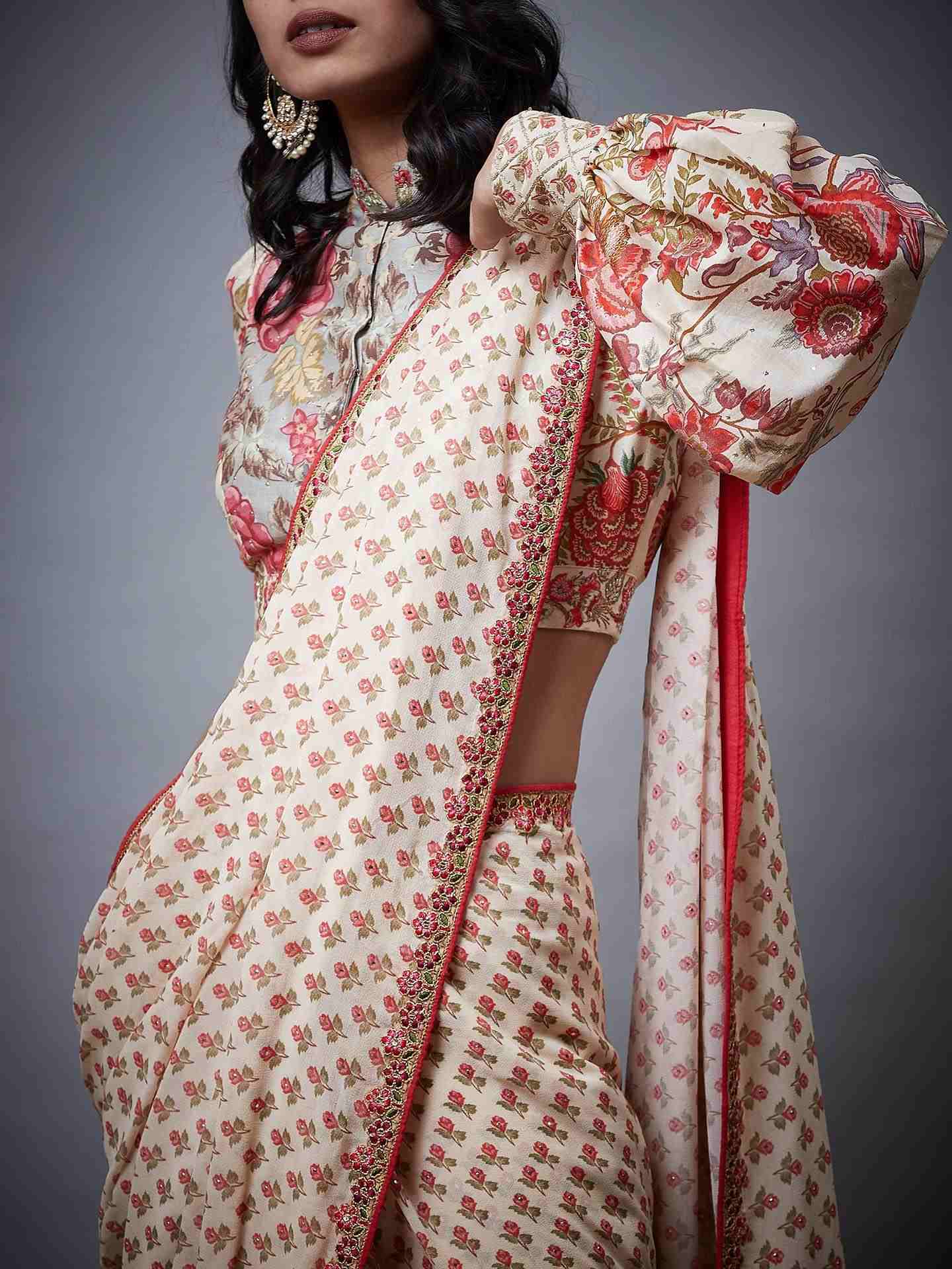Cream & Multi Navina Saree With Stitched Blouse