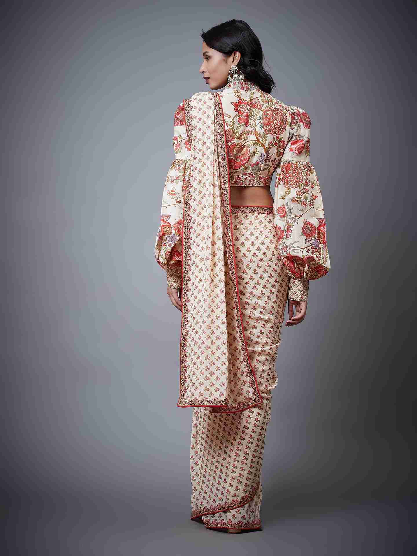 Cream & Multi Navina Saree With Stitched Blouse
