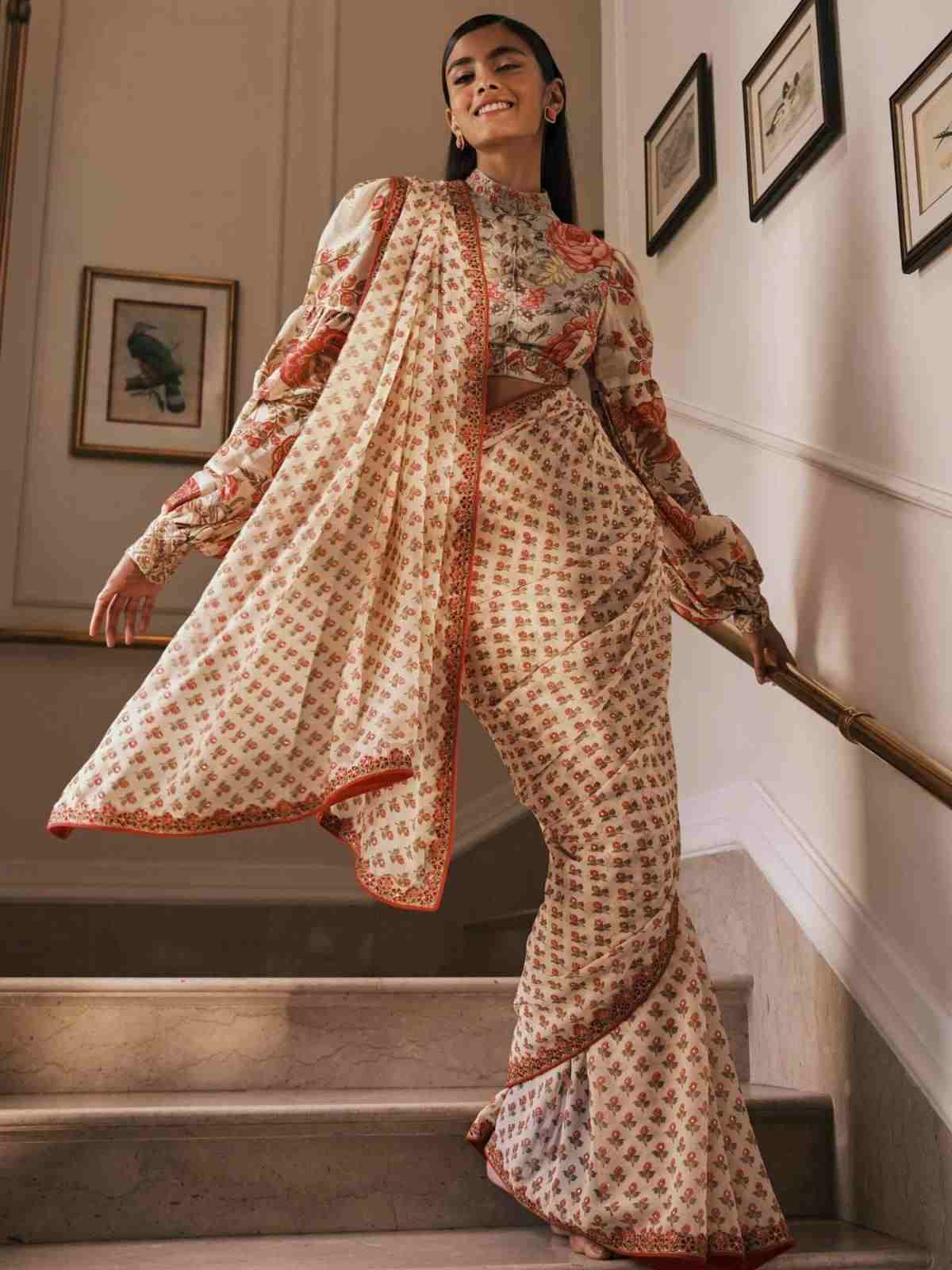 Cream & Multi Navina Saree With Stitched Blouse