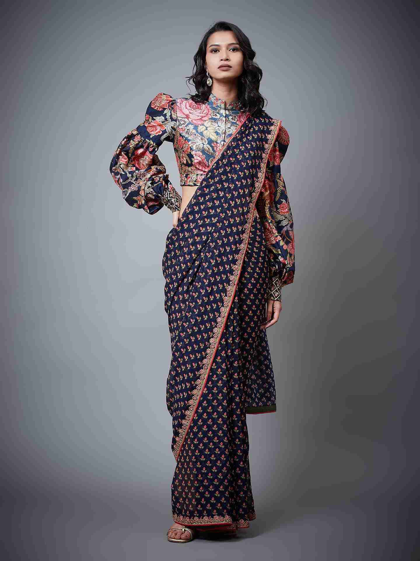 Navy & Multi Navina Saree With Stitched Blouse