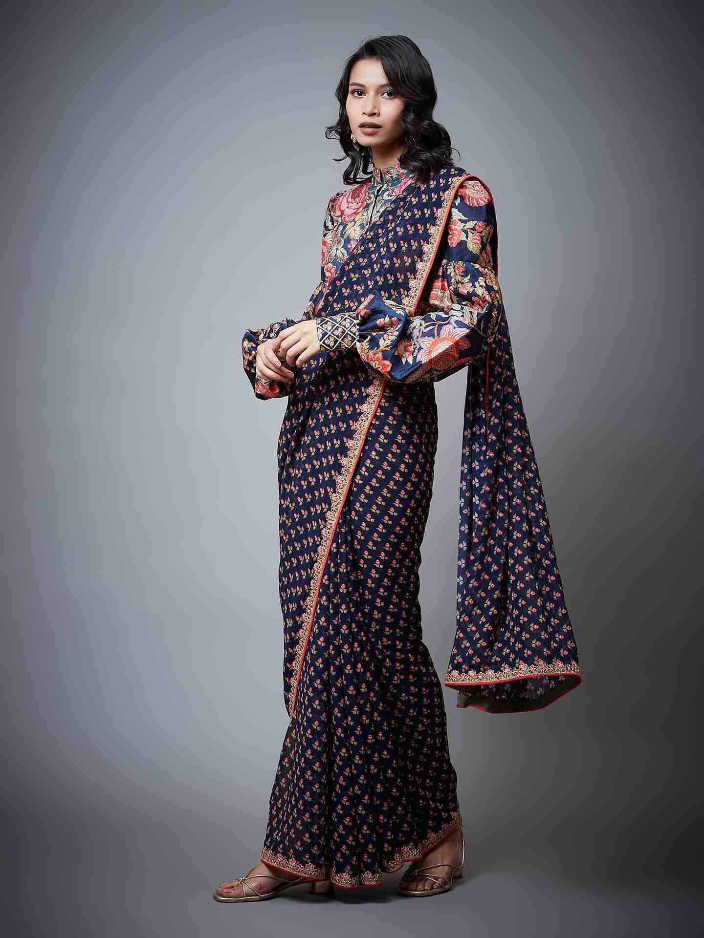 Navy & Multi Navina Saree With Stitched Blouse