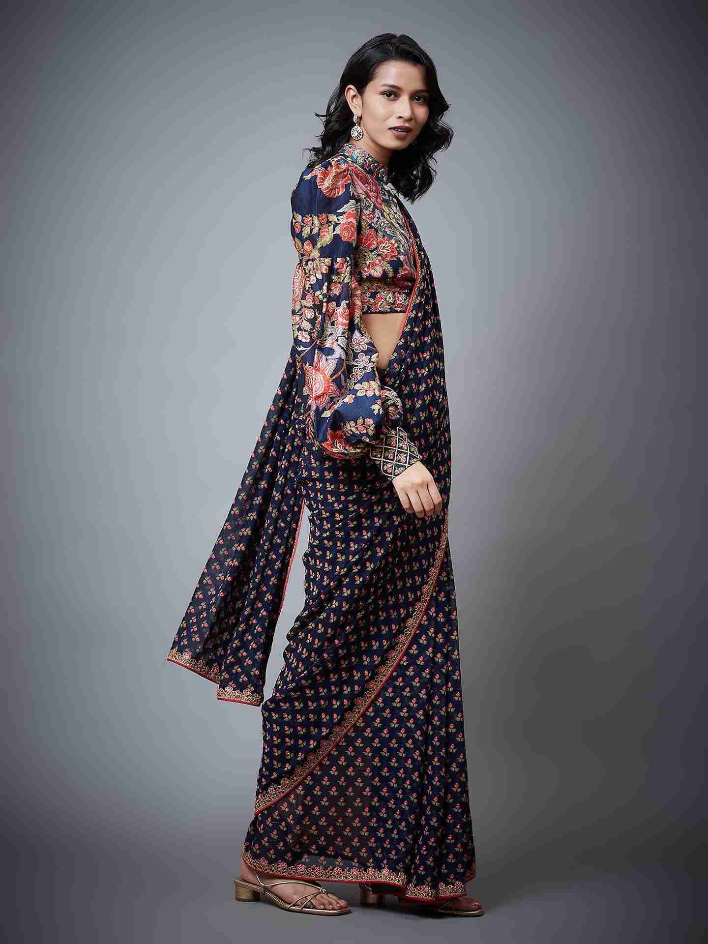 Navy & Multi Navina Saree With Stitched Blouse