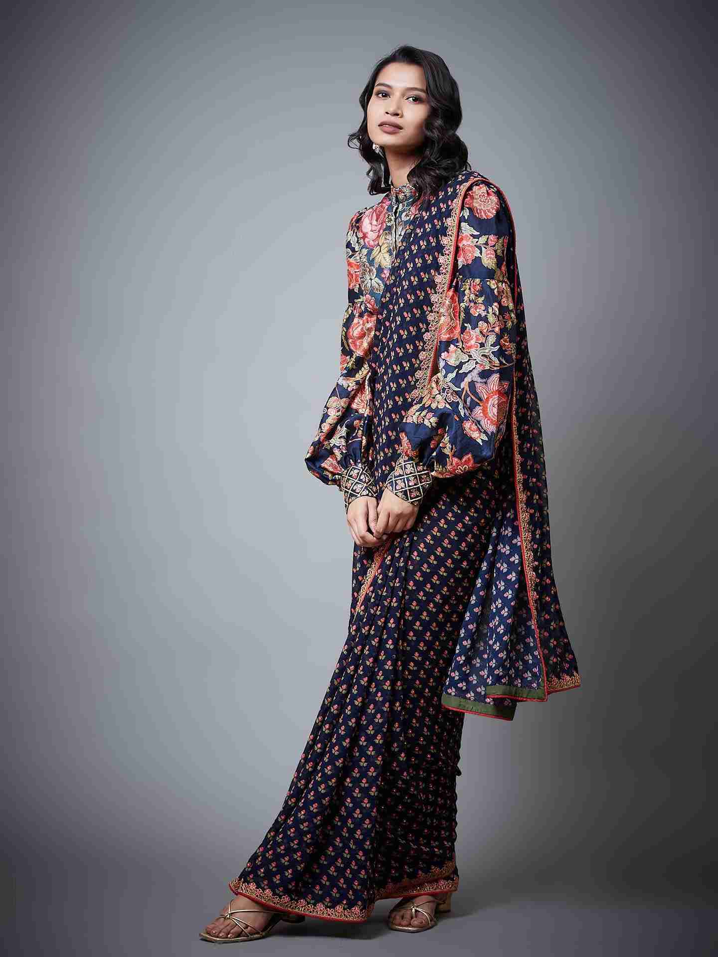 Navy & Multi Navina Saree With Stitched Blouse