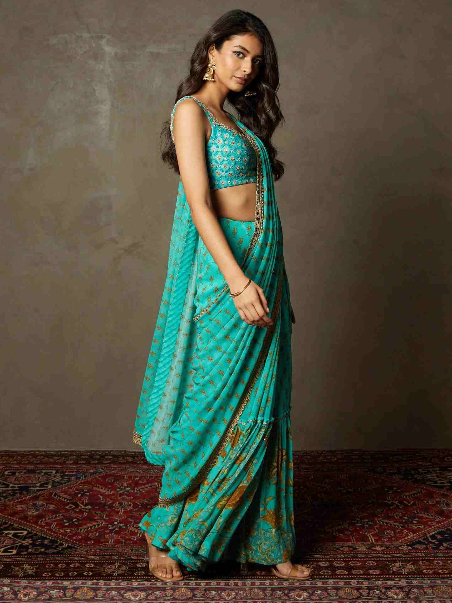 Aqua Green Jardin Saree With Stitched Blouse