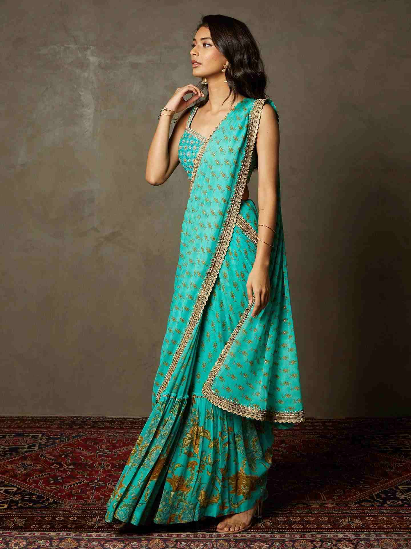 Aqua Green Jardin Saree With Stitched Blouse