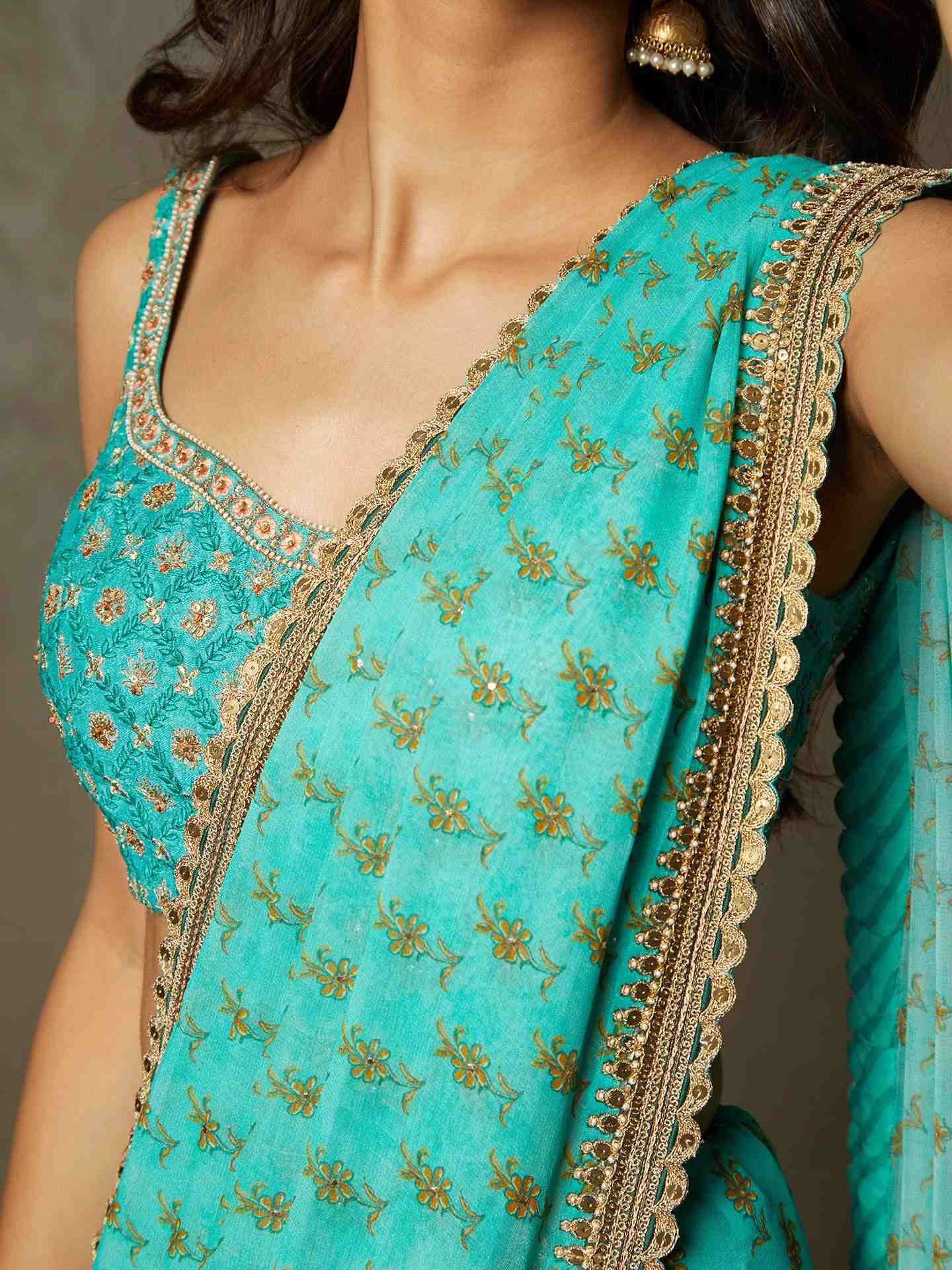 Aqua Green Jardin Saree With Stitched Blouse