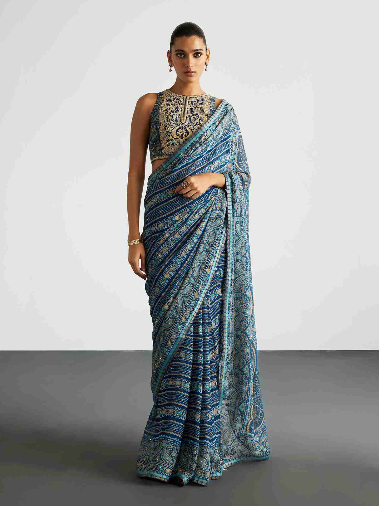 Blue & Beige Brocade Jamawar Saree