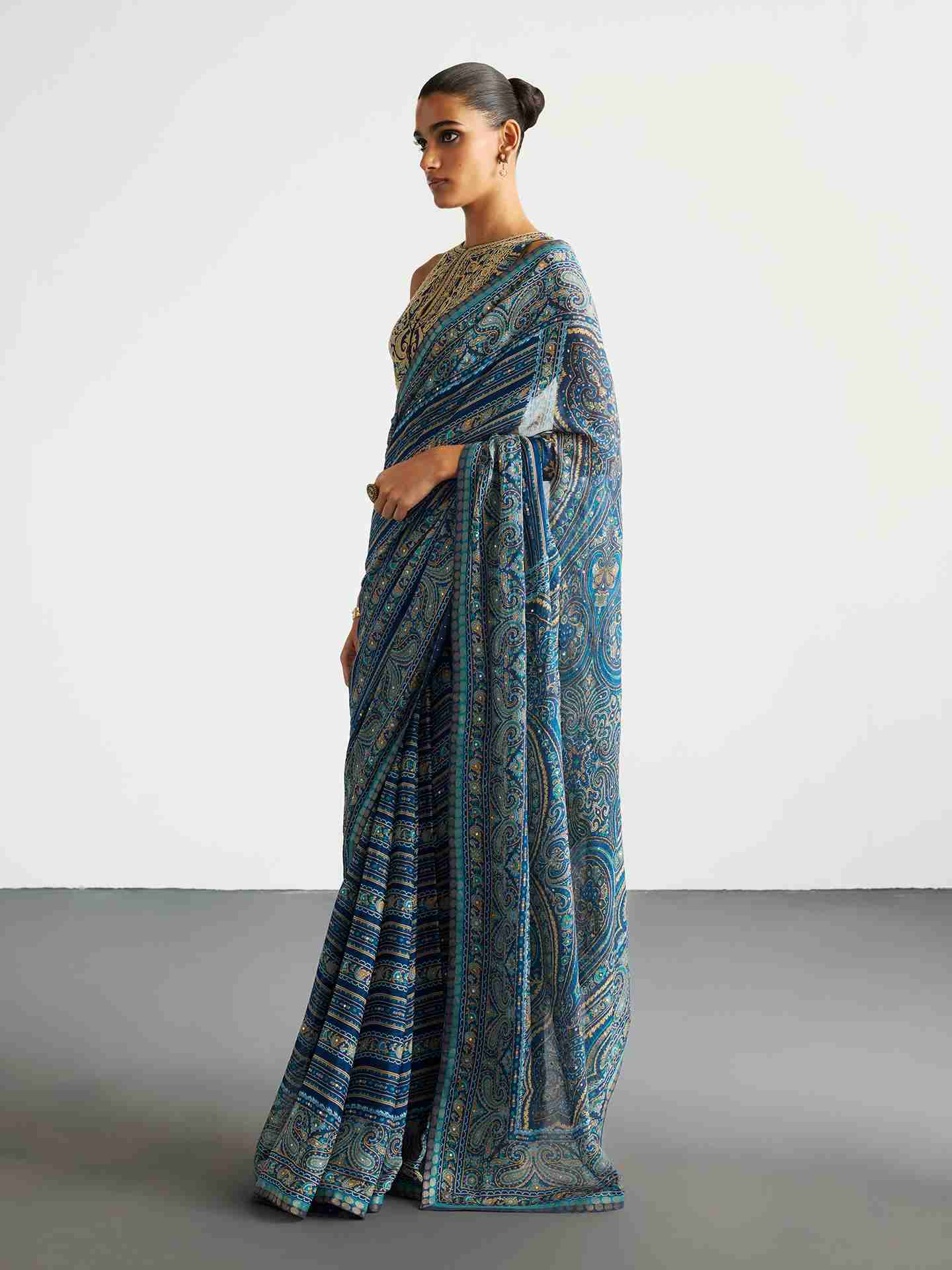 Blue & Beige Brocade Jamawar Saree