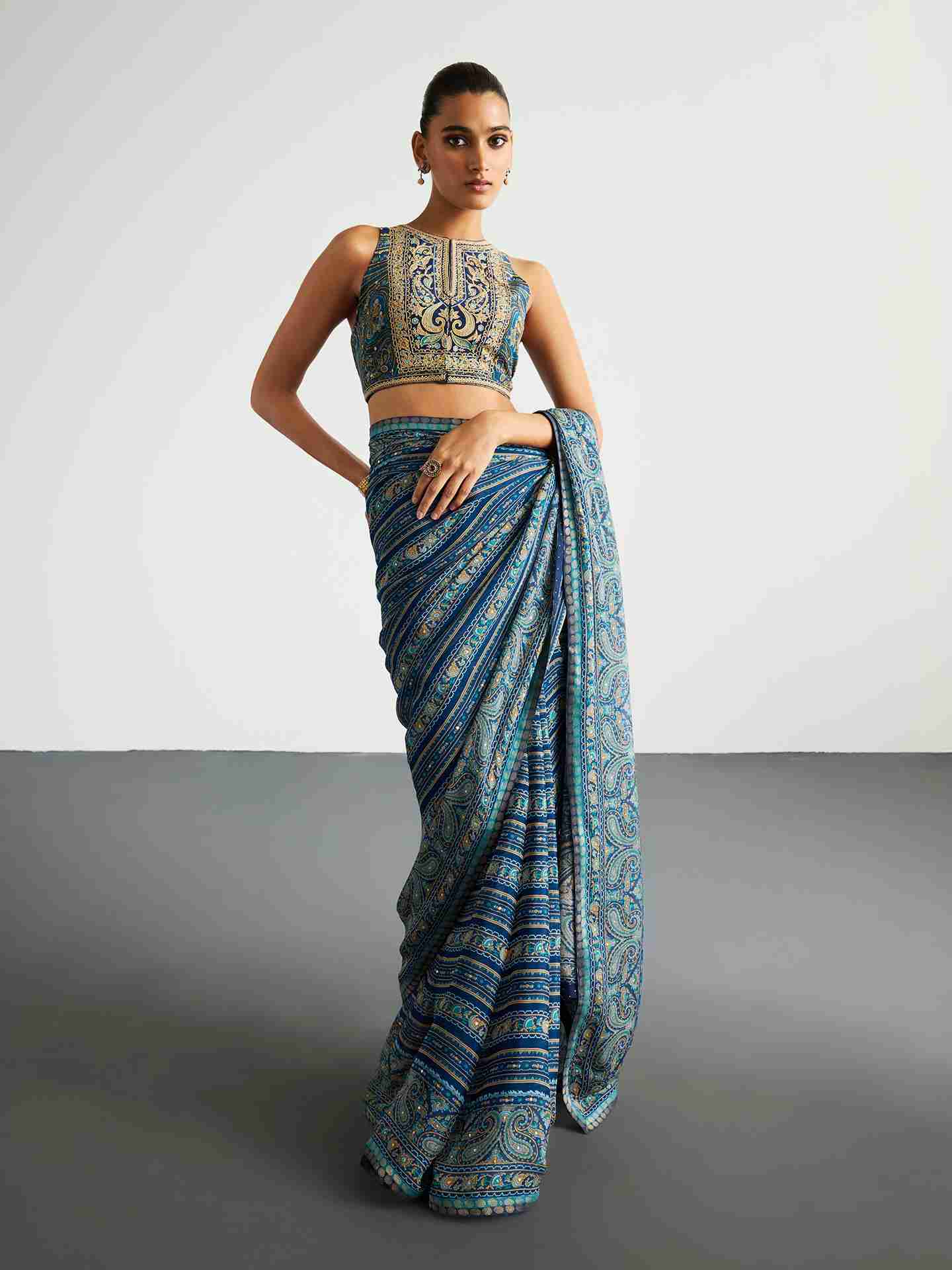 Blue & Beige Brocade Jamawar Saree