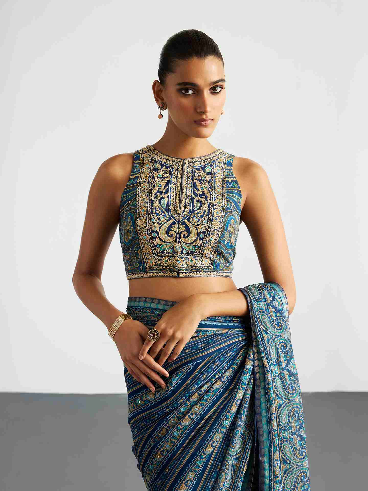 Blue & Beige Brocade Jamawar Saree