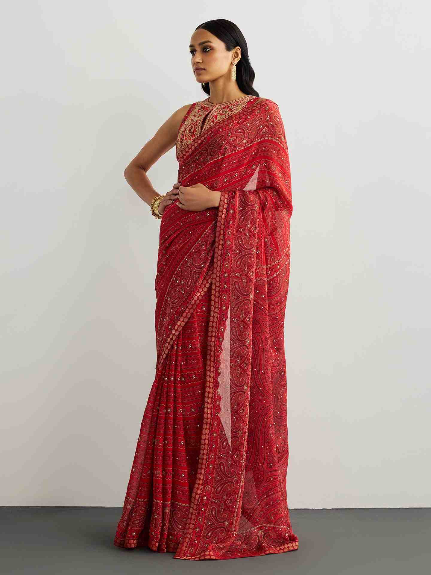 Red & Beige Brocade Jamawar Saree
