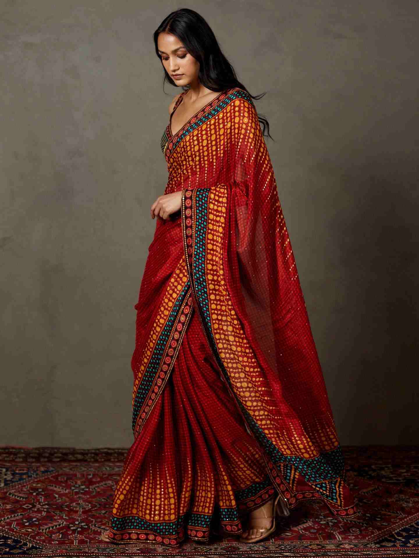 Berry Red Petunia Saree With Stitched Blouse