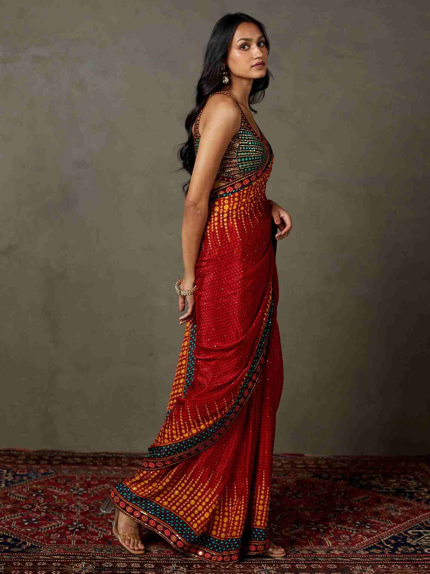 Berry Red Petunia Saree With Stitched Blouse