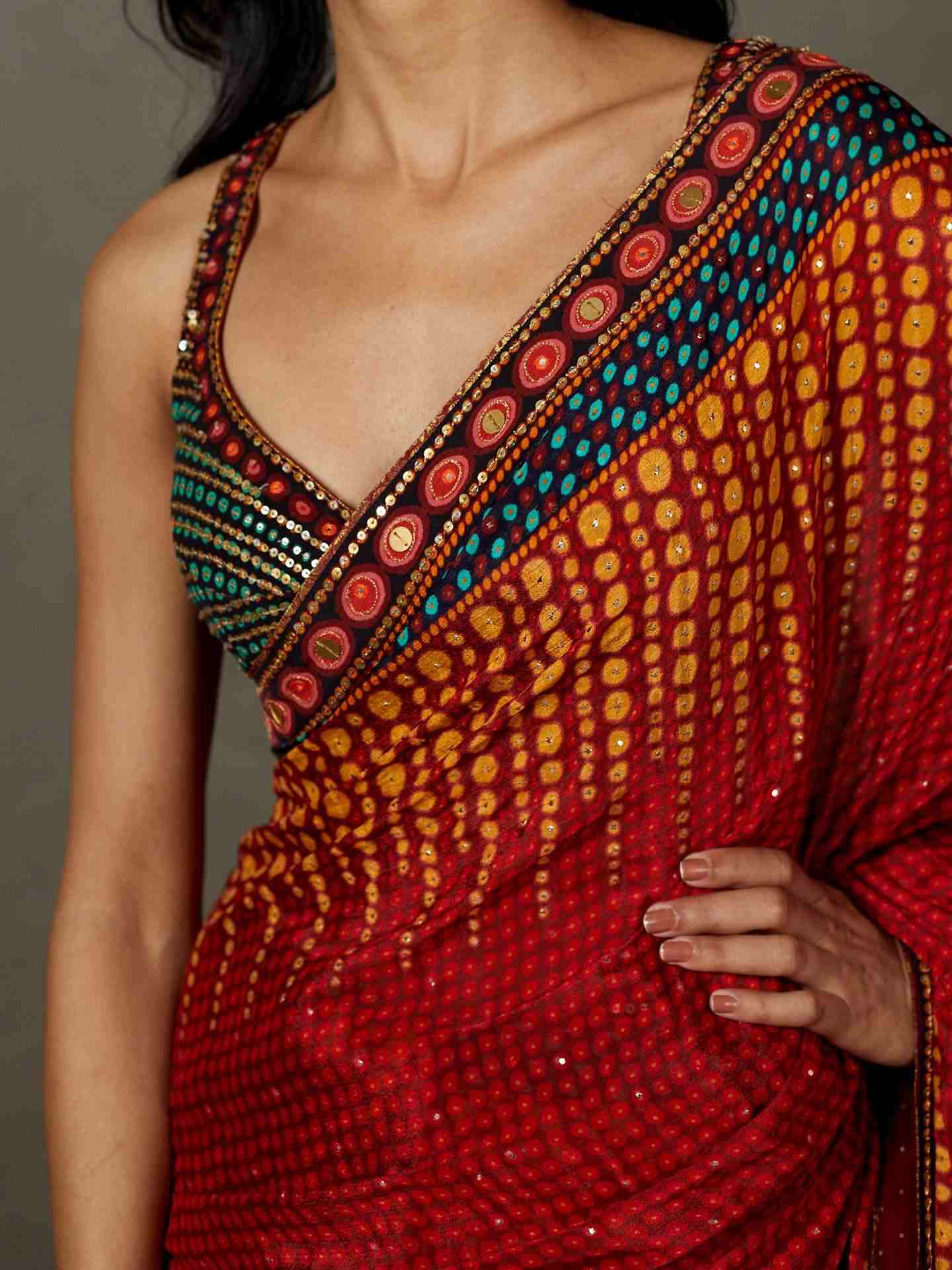 Berry Red Petunia Saree With Stitched Blouse