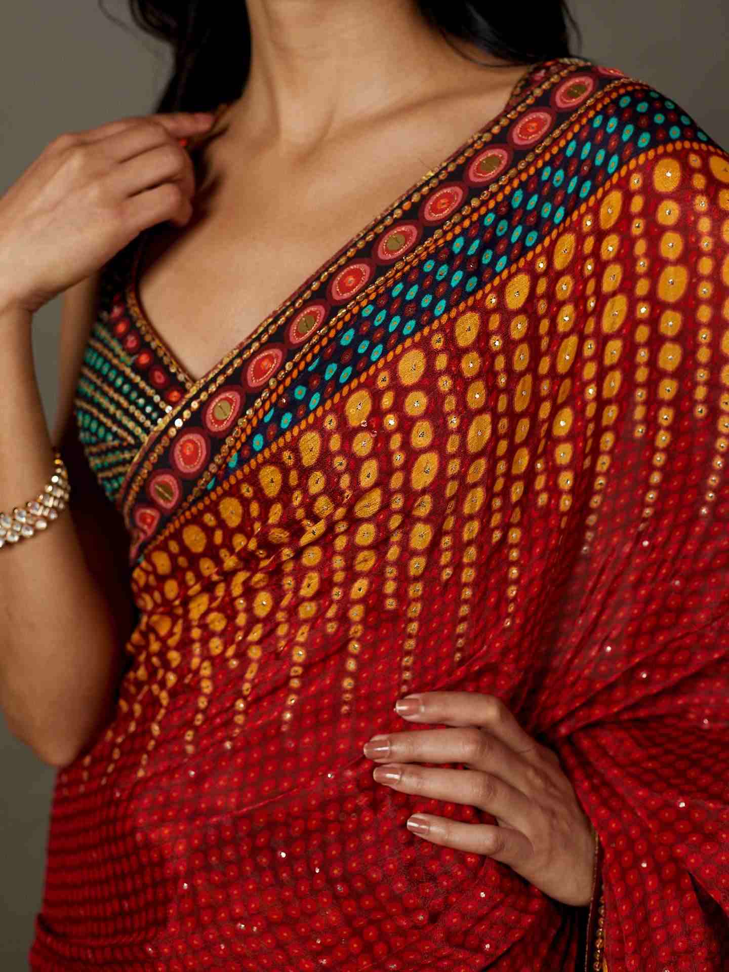 Berry Red Petunia Saree With Stitched Blouse