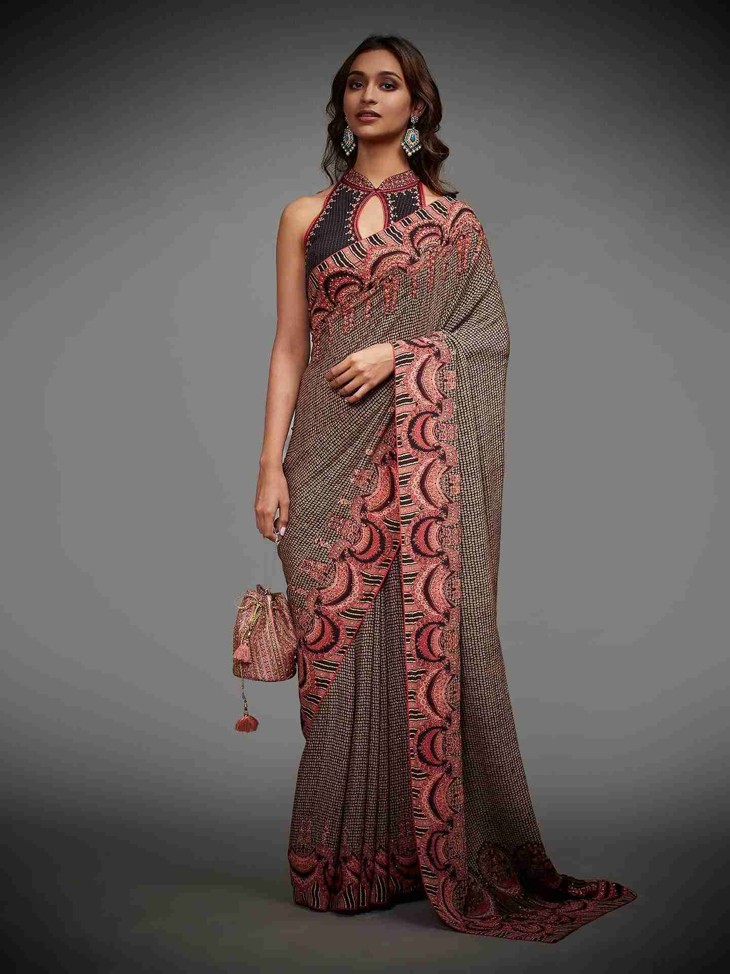 Old Rose Malisha Saree With Stitched Blouse