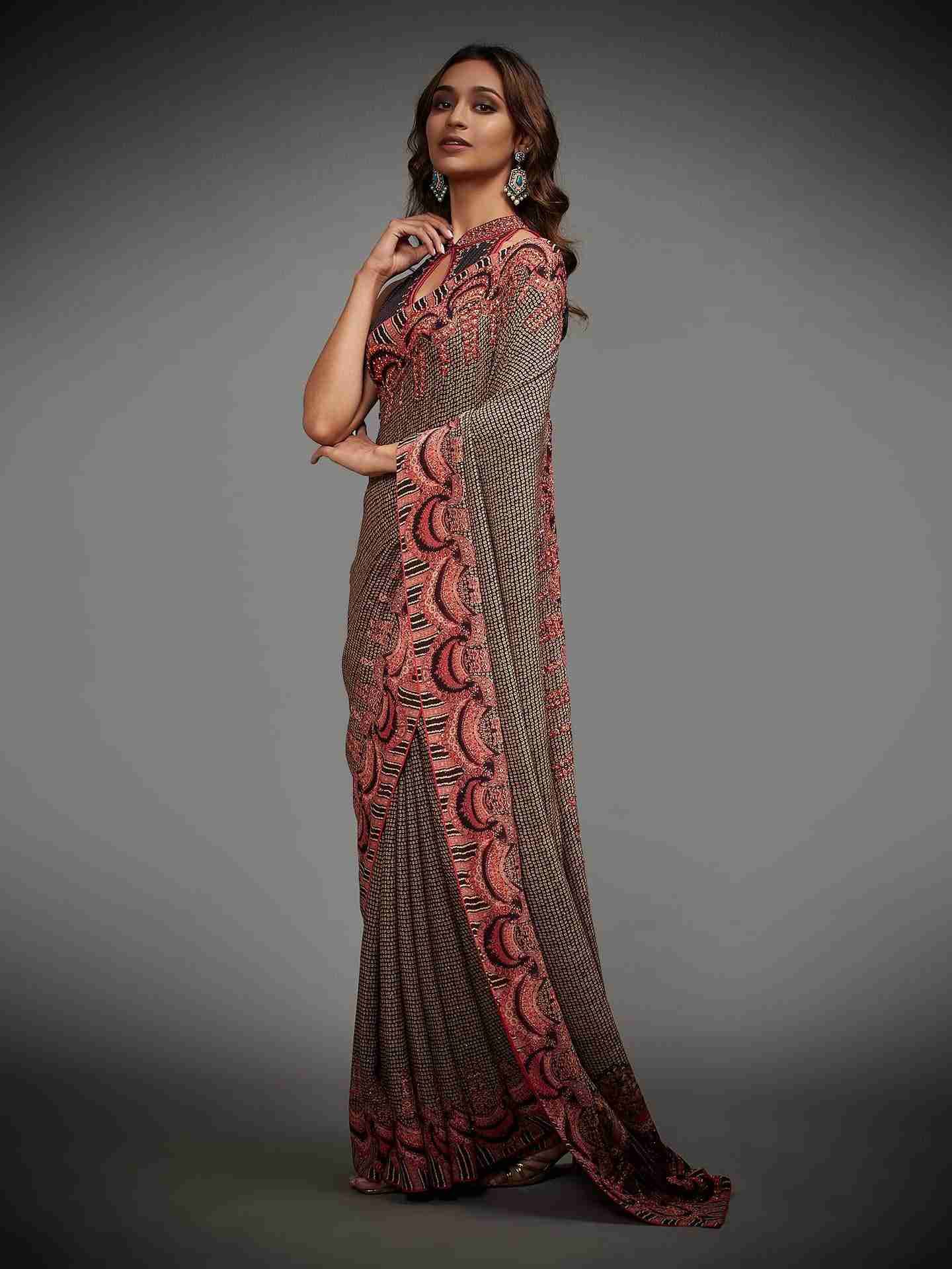 Old Rose Malisha Saree With Stitched Blouse