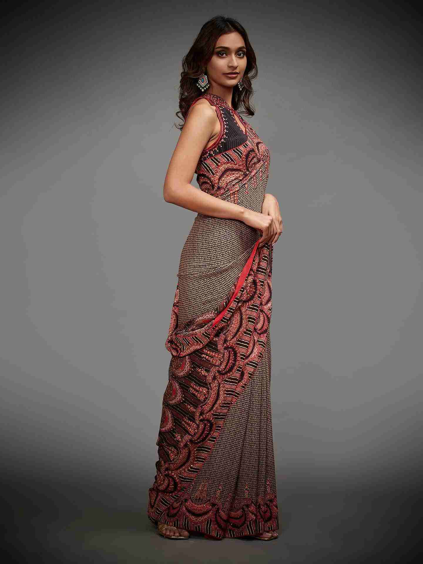 Old Rose Malisha Saree With Stitched Blouse