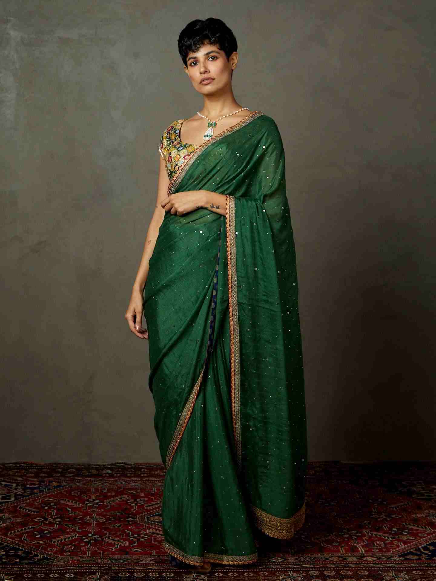 Emerald Reemshak Saree With Stitched Blouse