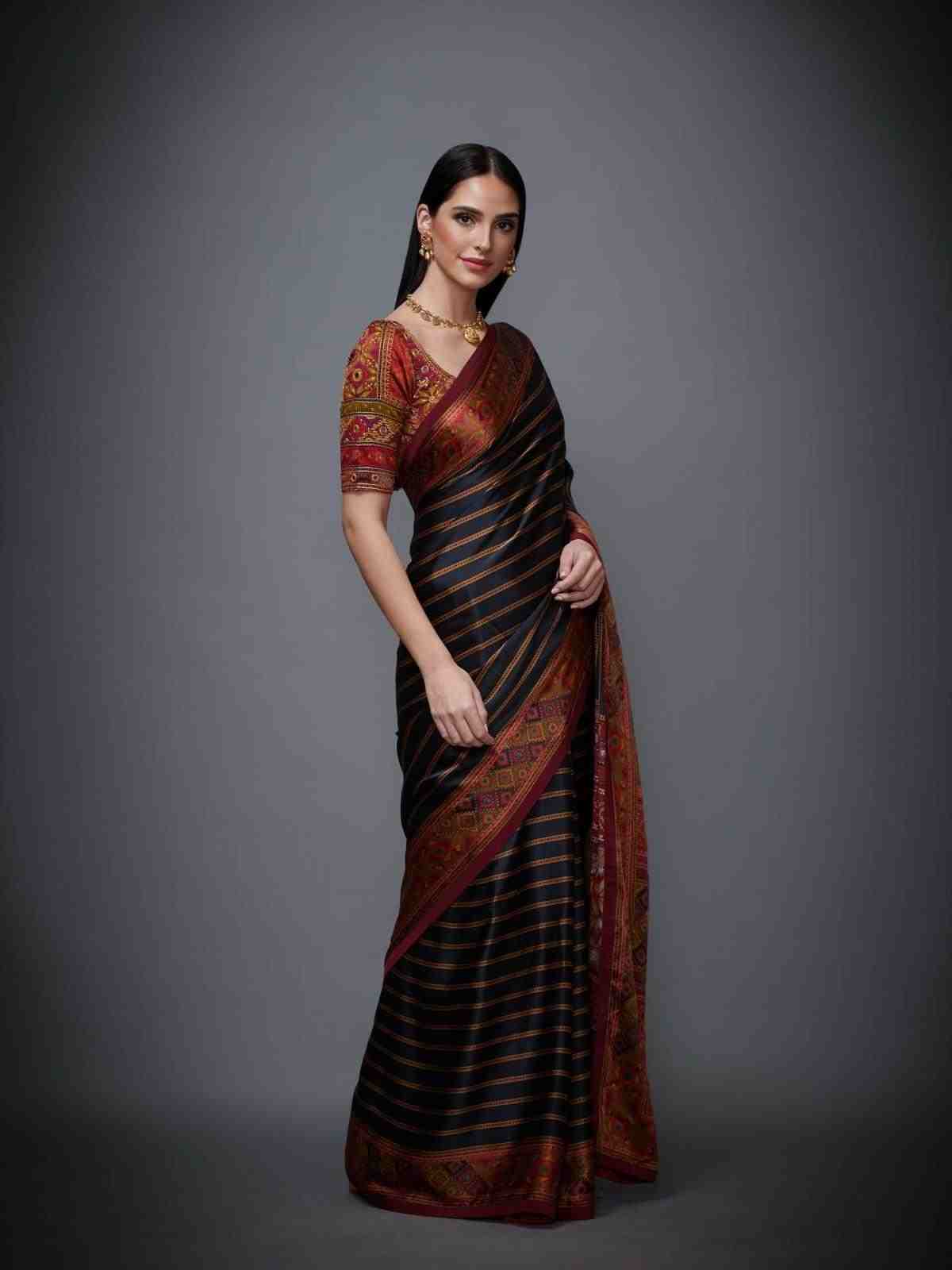 Black Multi Madhuhira Saree With Stitched Blouse