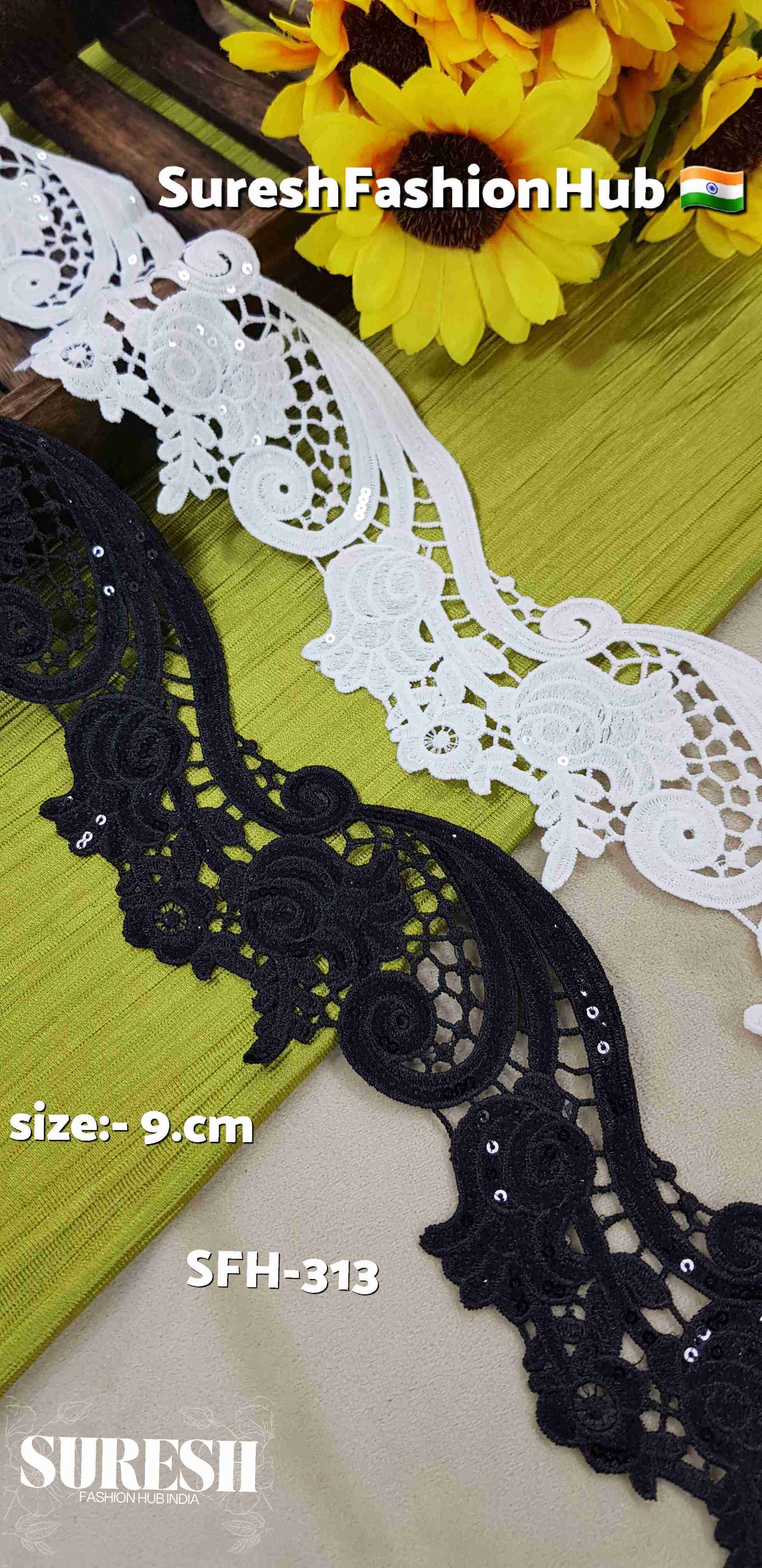 White Floral Cutwork GPO Lace with Transparent Sequins