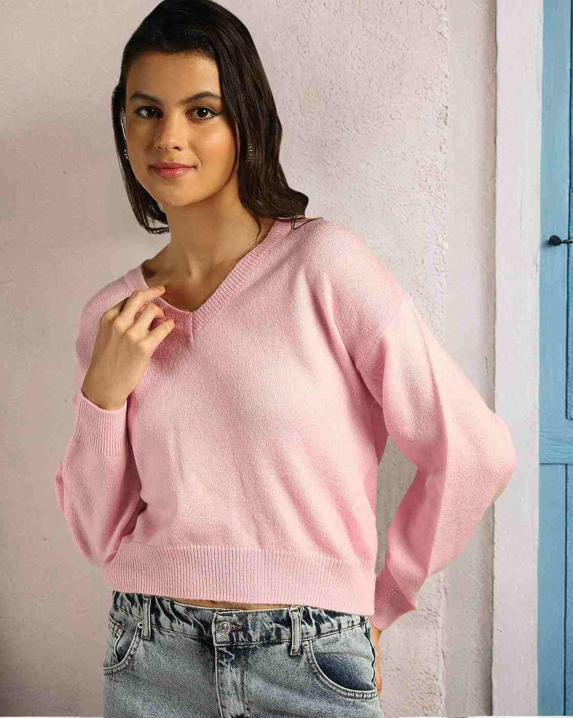 Women V-Neck Pullover with Ribbed Hems