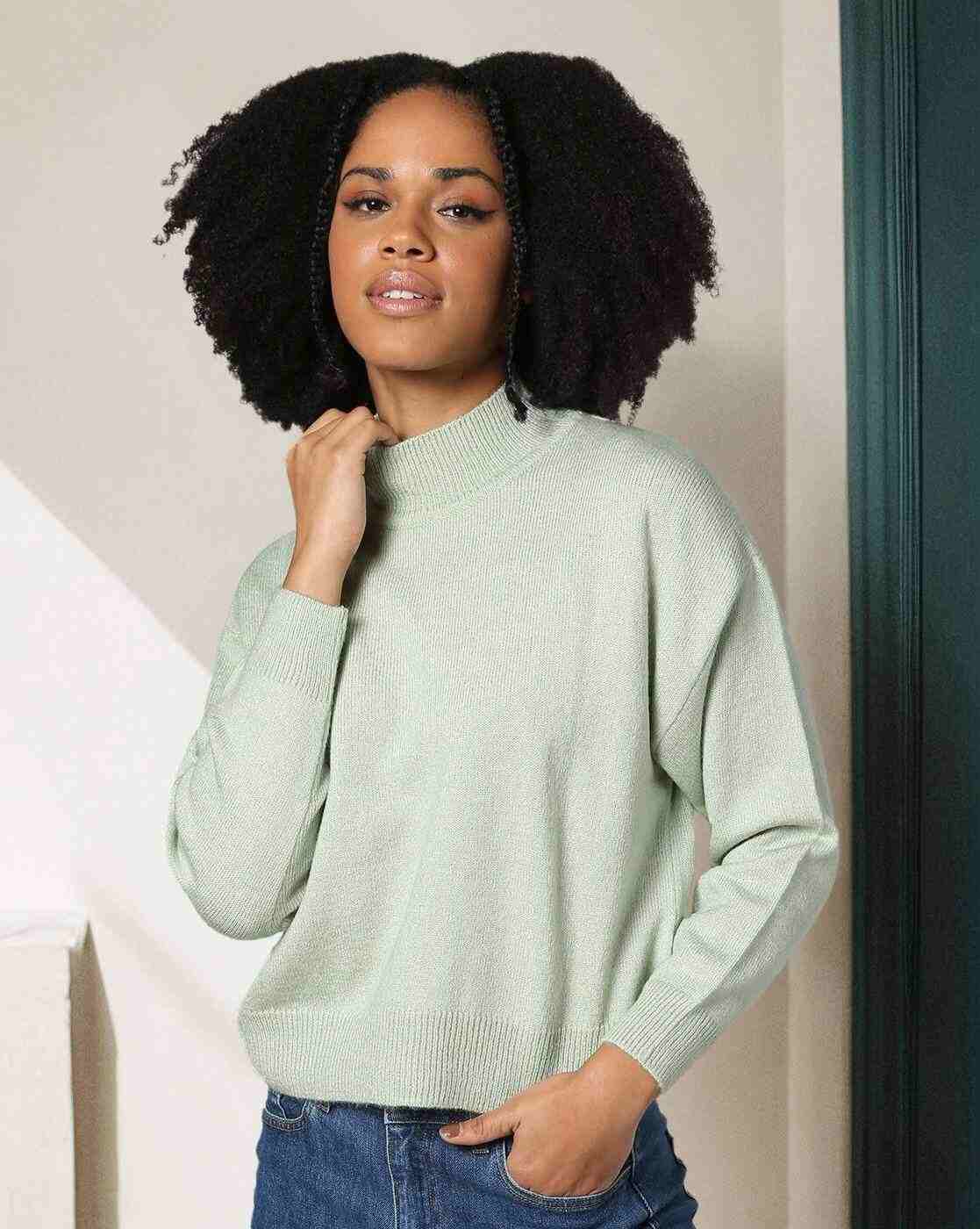 Women Ribbed Mock-Neck Pullover
