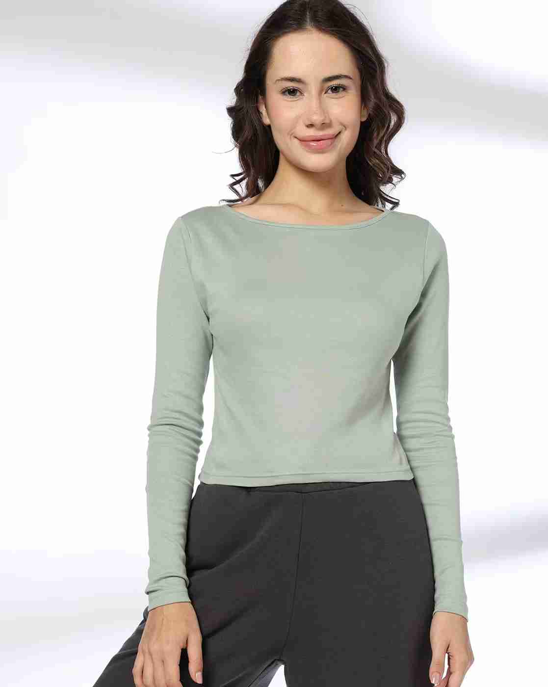 Women Slim Fit Boat-Neck Crop T-Shirt