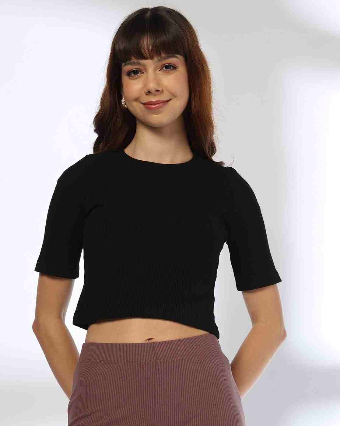 Women Ribbed Slim Fit Round-Neck T-Shirt