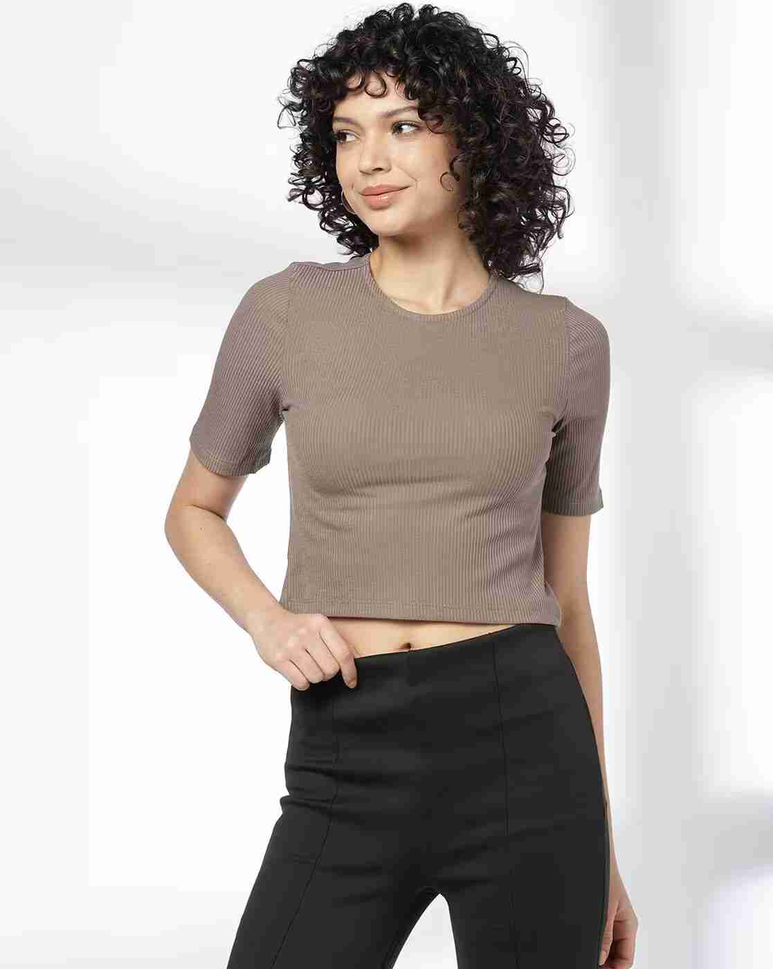 Women Ribbed Slim Fit Round-Neck Crop T-Shirt