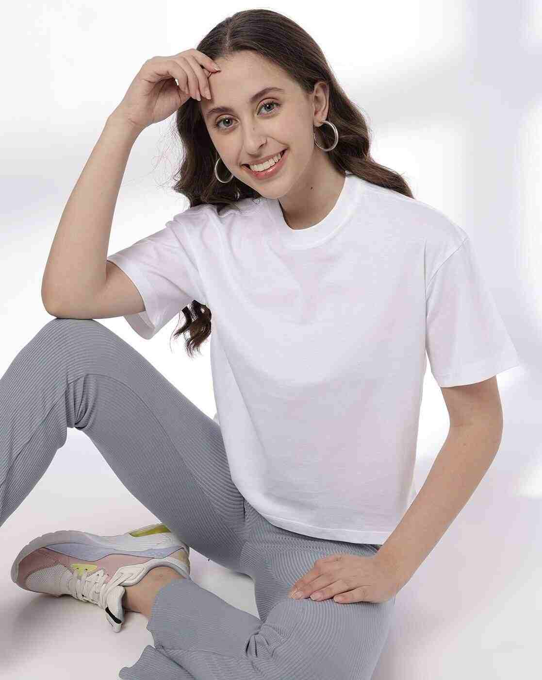 Women Boxy Fit Cotton Round-Neck T-Shirt