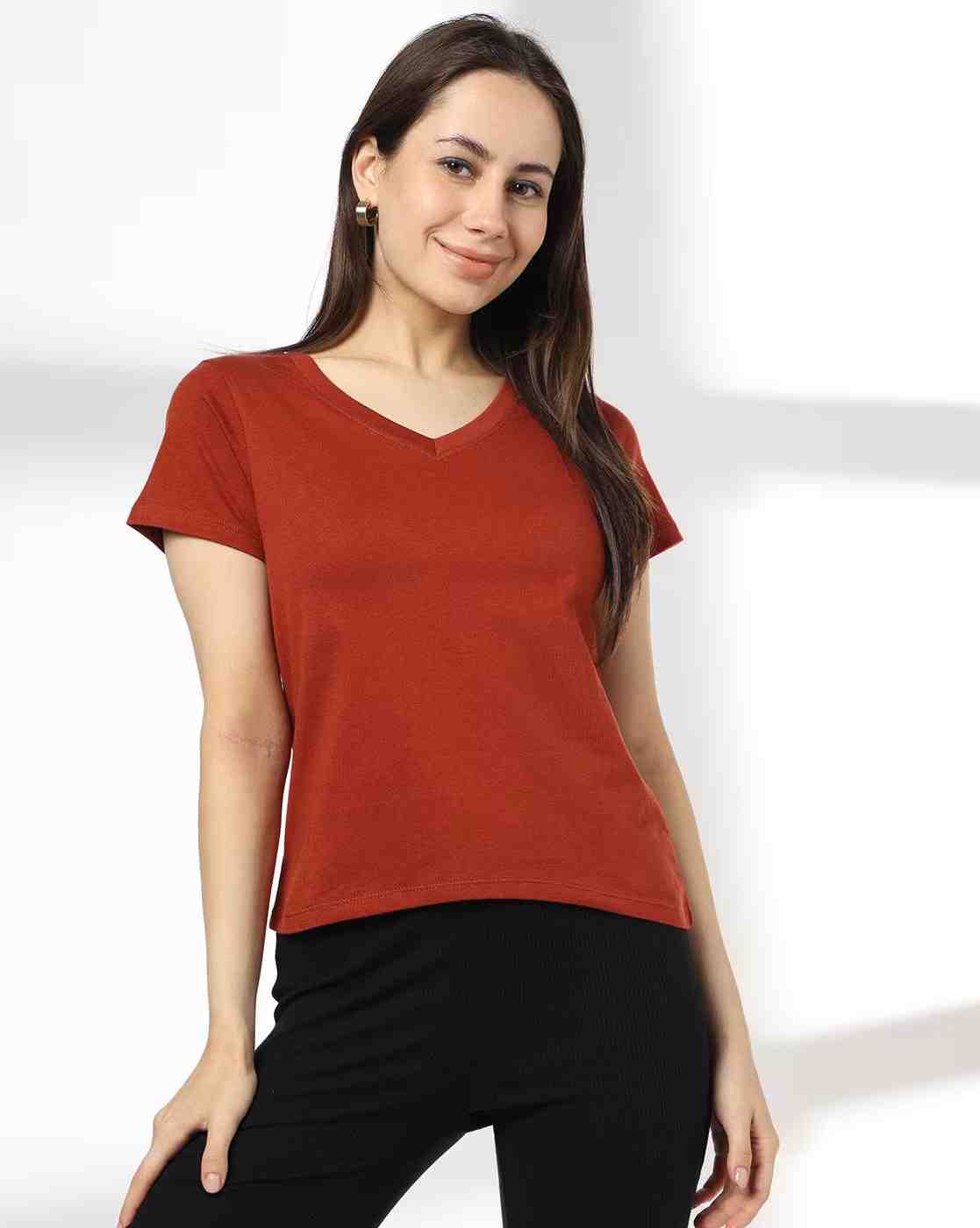 RIO BASIC | Women Daffodin Regular Fit V-Neck T-Shirt|0
