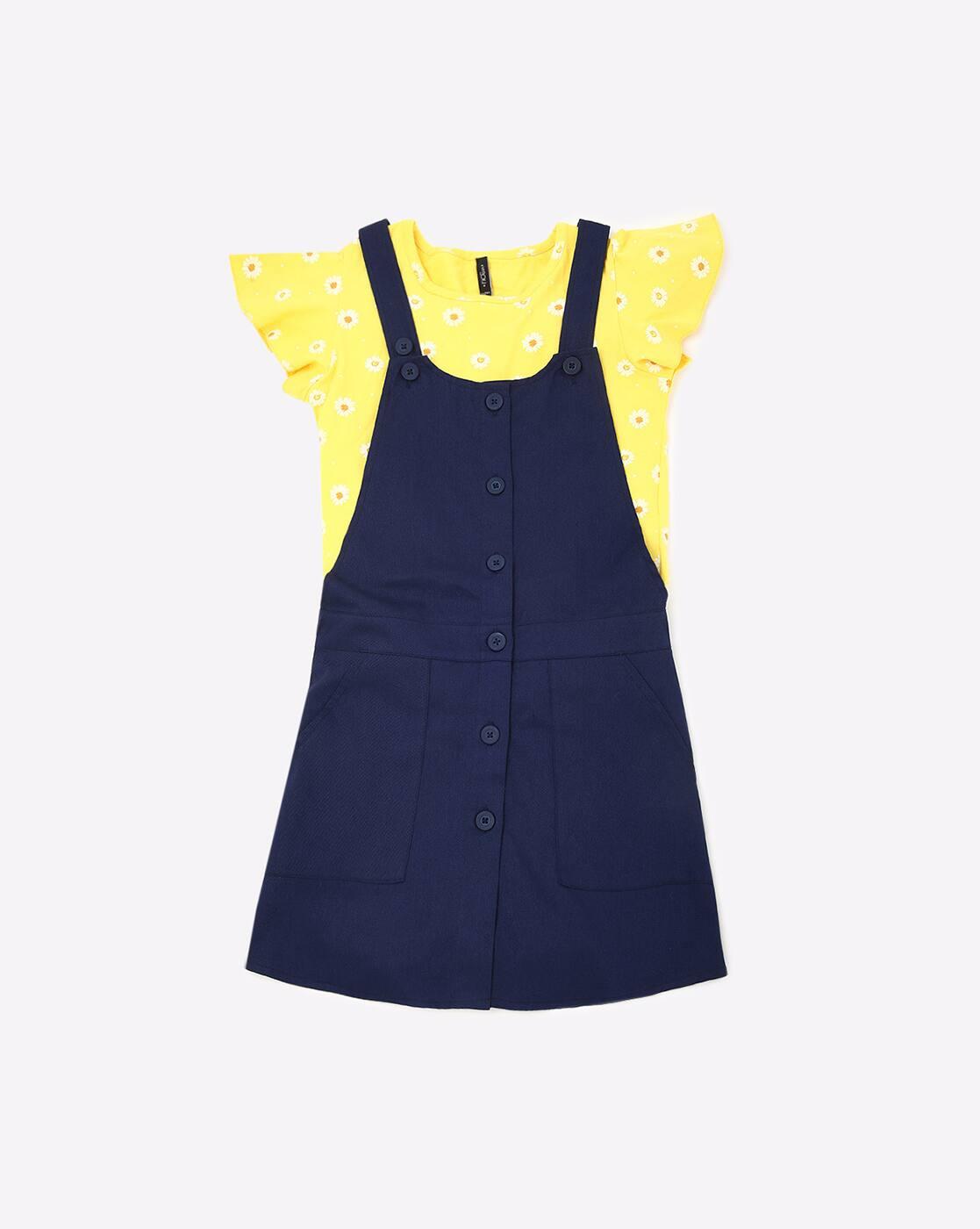 RIO GIRLS | Floral Print Dungaree with Buttons Accent|0