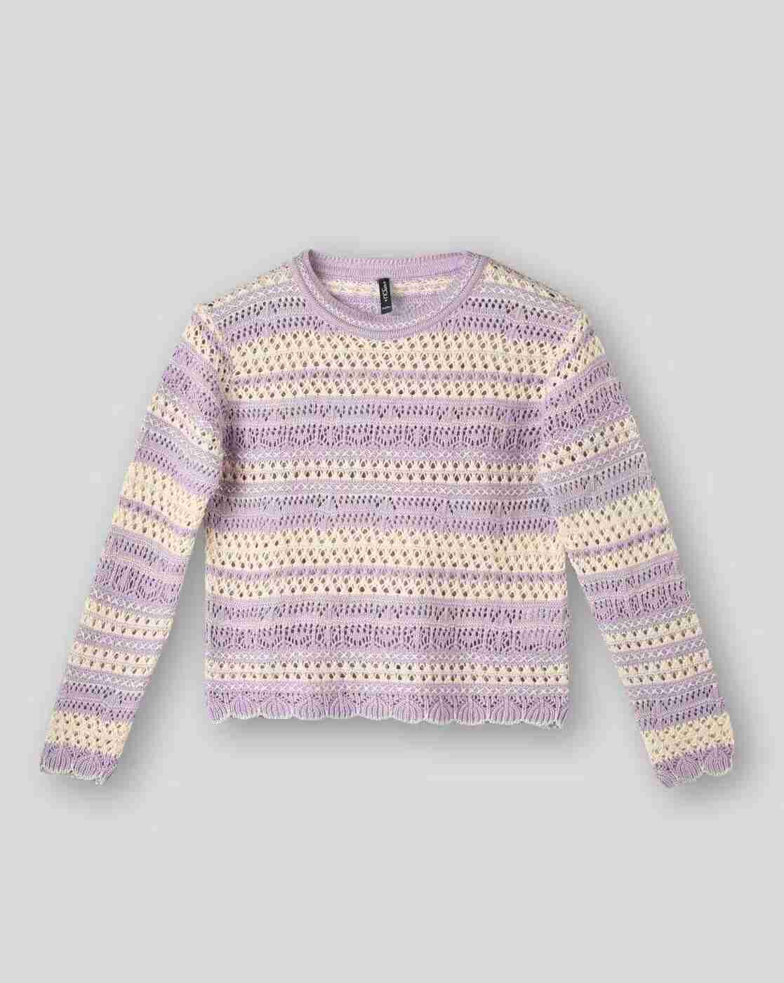 Girls Striped Crochet Crew-Neck Sweater