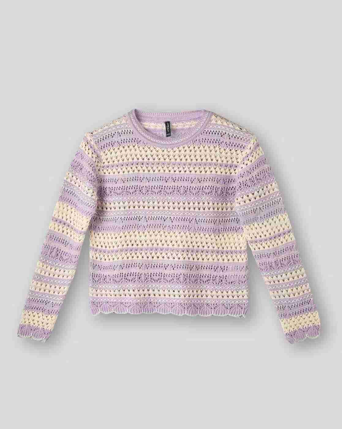 RIO GIRLS | Girls Striped Crochet Crew-Neck Sweater|0