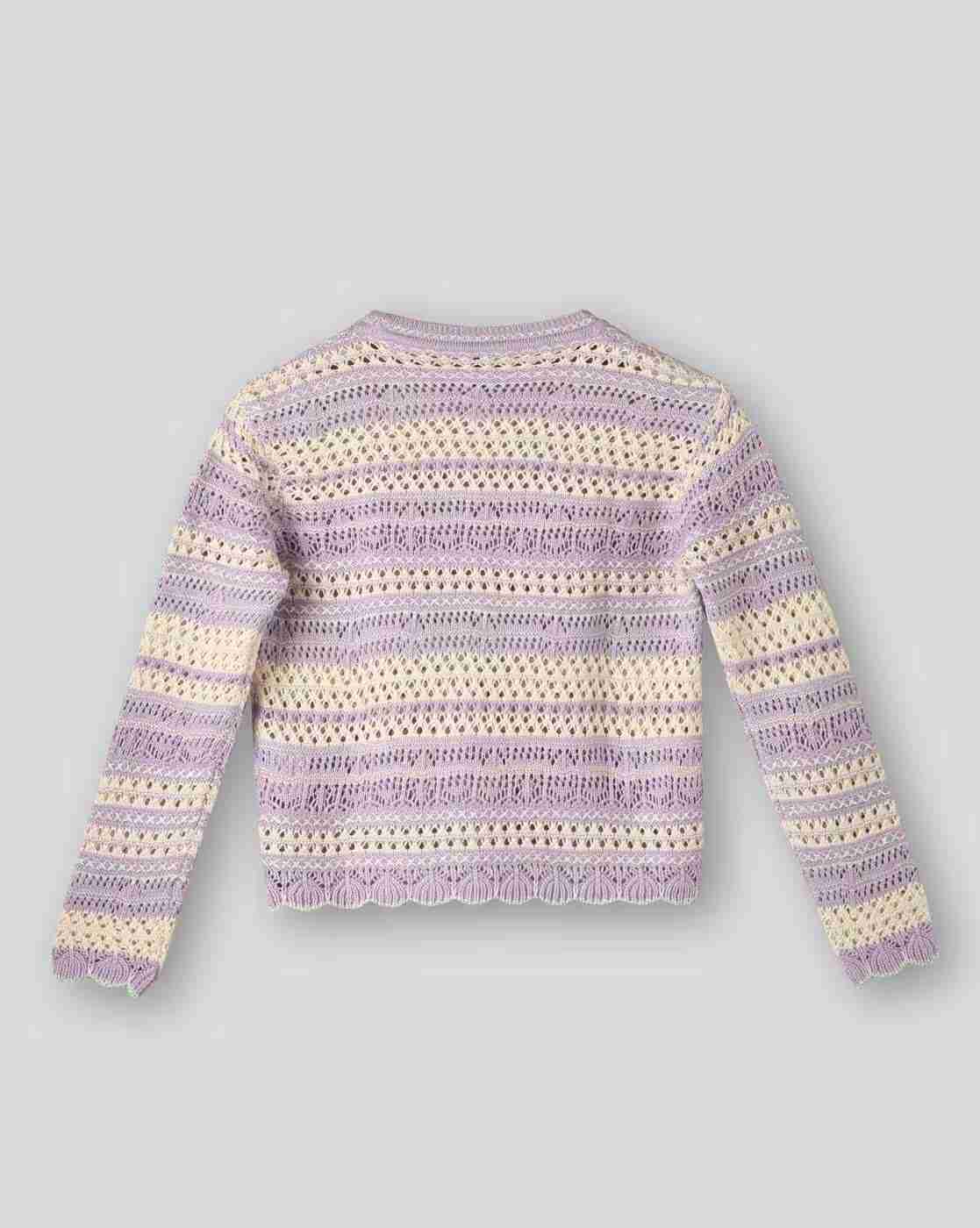 RIO GIRLS | Girls Striped Crochet Crew-Neck Sweater