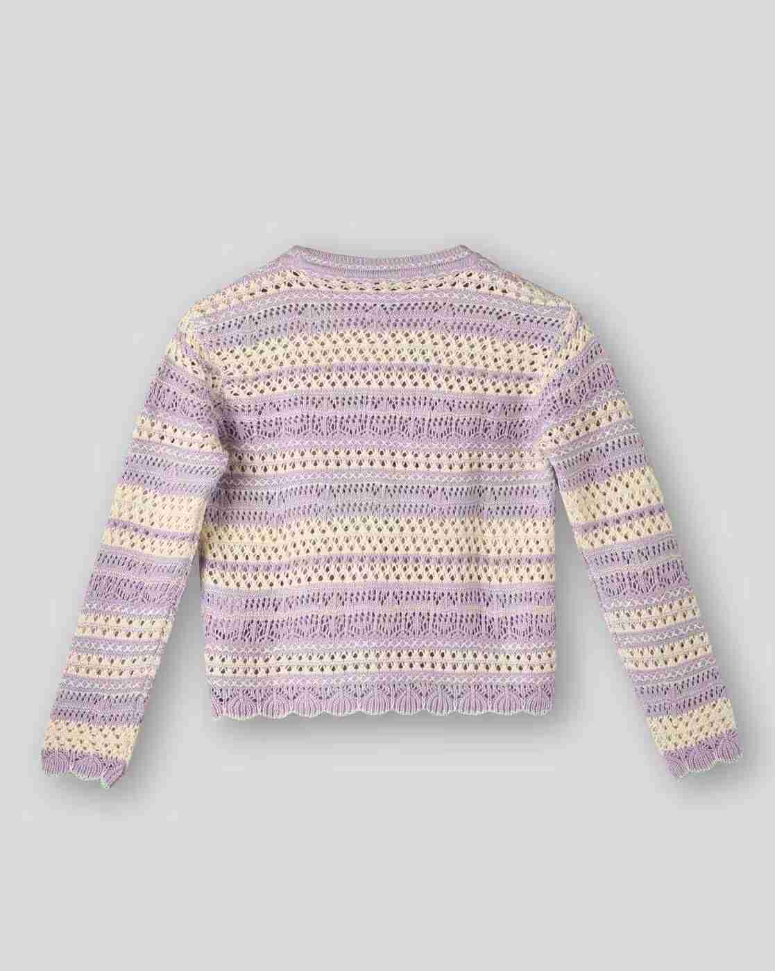 RIO GIRLS | Girls Striped Crochet Crew-Neck Sweater|1