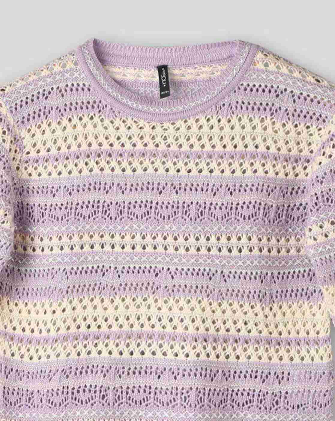 RIO GIRLS | Girls Striped Crochet Crew-Neck Sweater|2