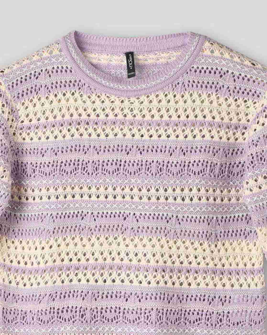 RIO GIRLS | Girls Striped Crochet Crew-Neck Sweater|2