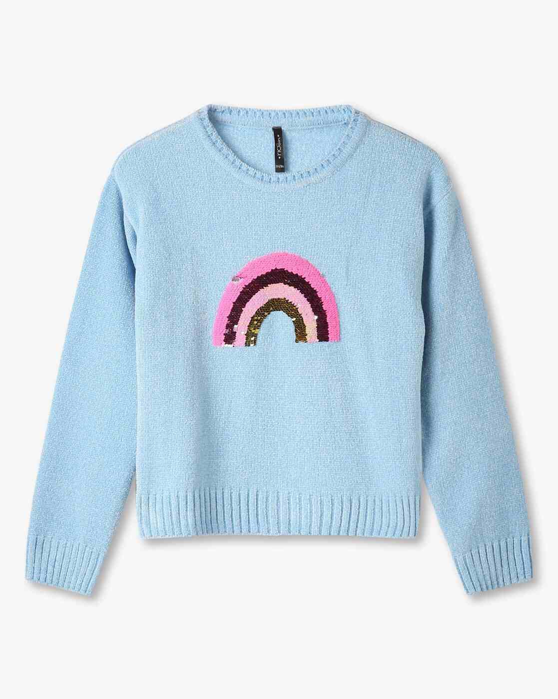 RIO GIRLS | Girls Sequin Rainbow Print Round-Neck Sweater|0