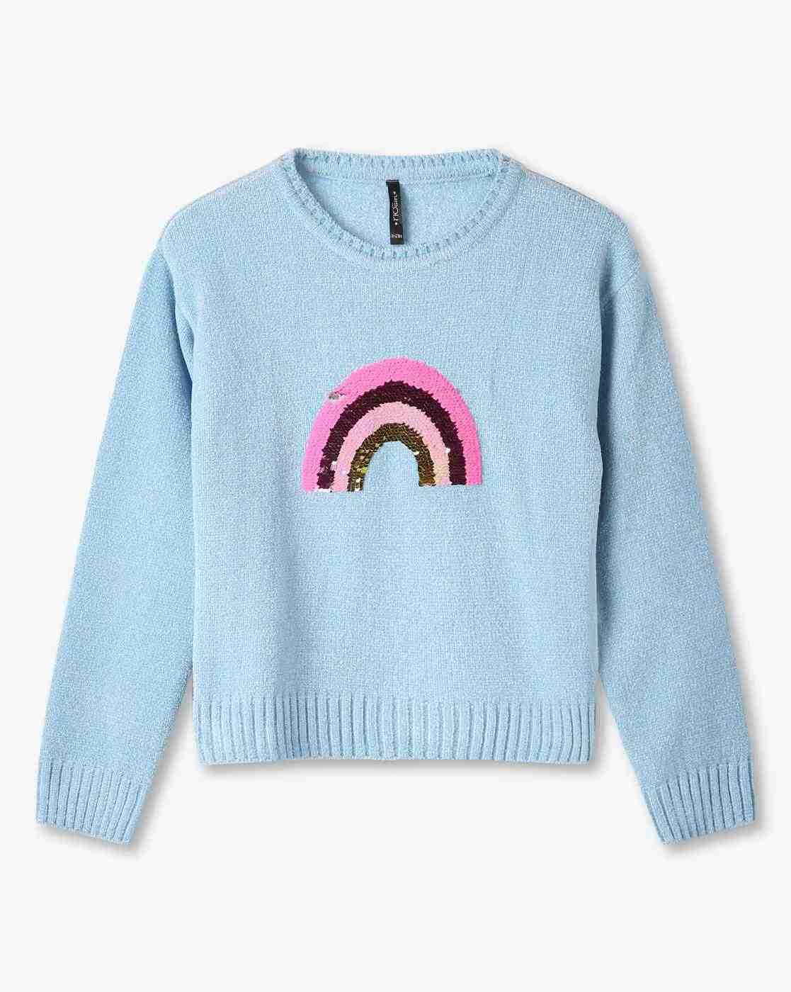 RIO GIRLS | Girls Sequin Rainbow Print Round-Neck Sweater|0