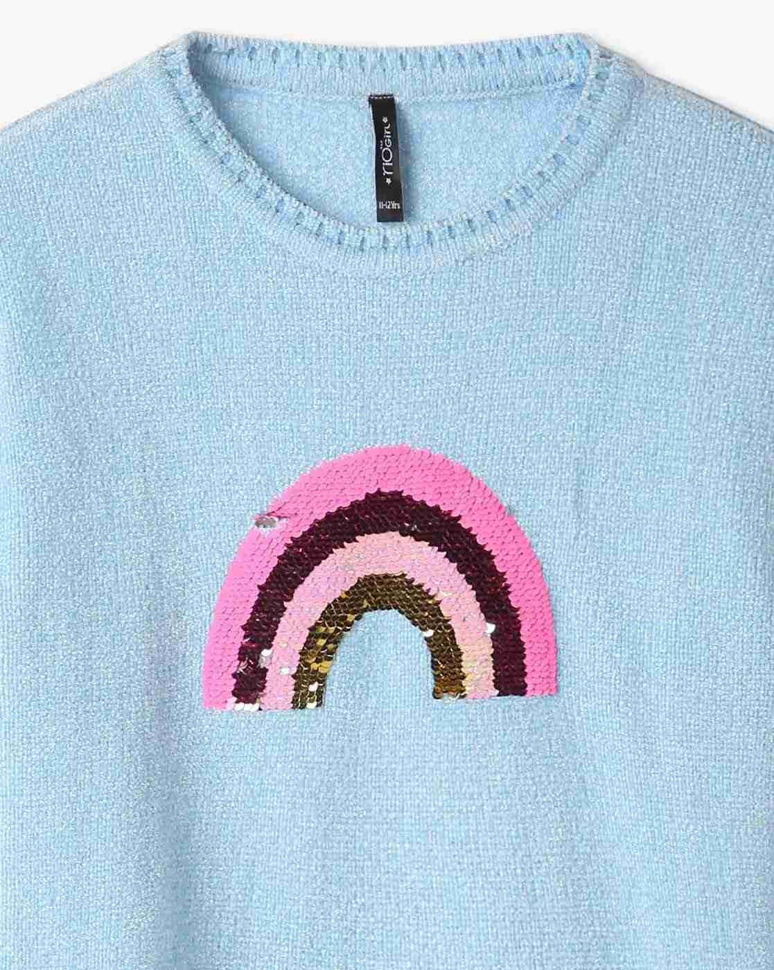 RIO GIRLS | Girls Sequin Rainbow Print Round-Neck Sweater|2