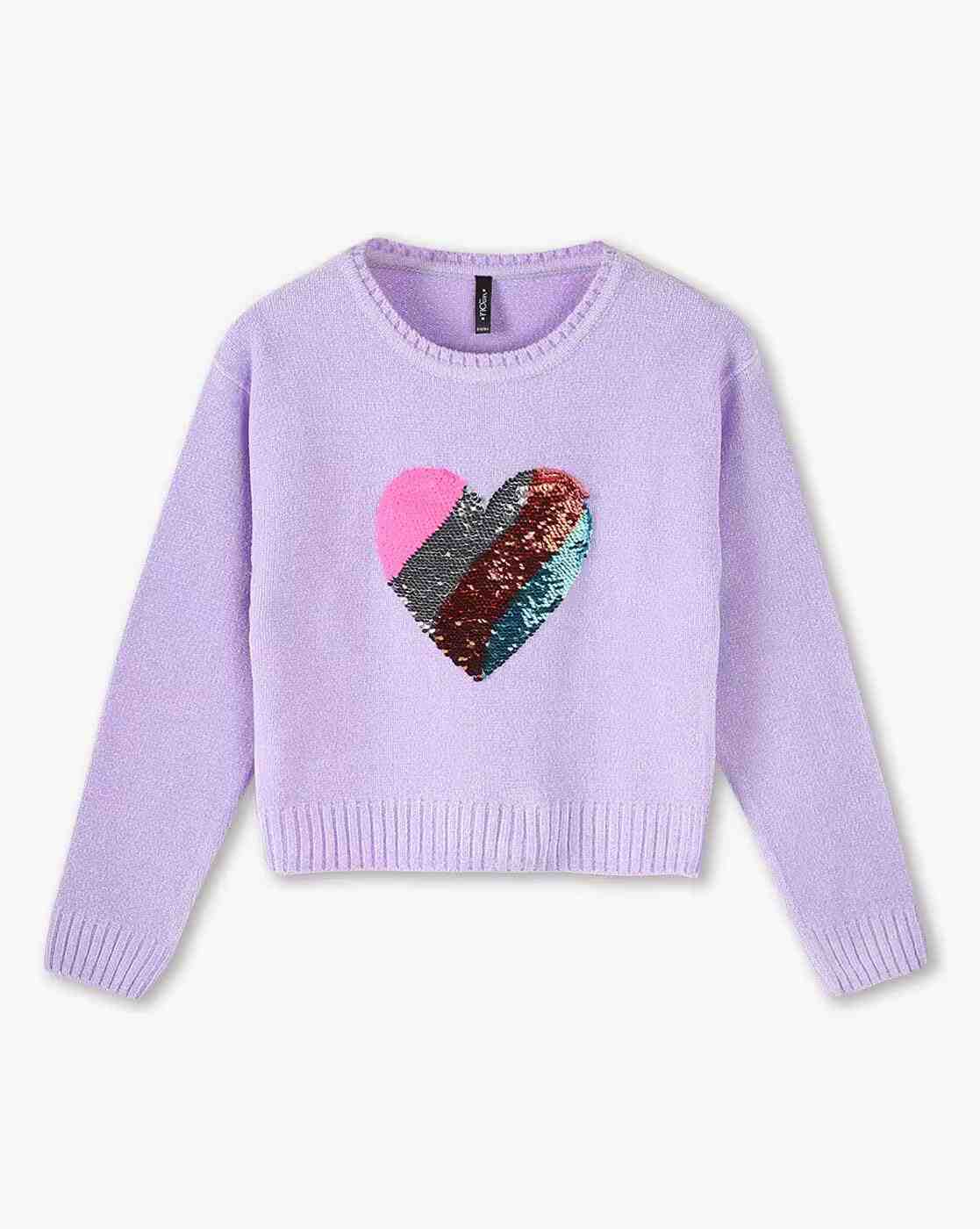 RIO GIRLS | Girls Sequin Heart Embellished Round-Neck Sweater|0
