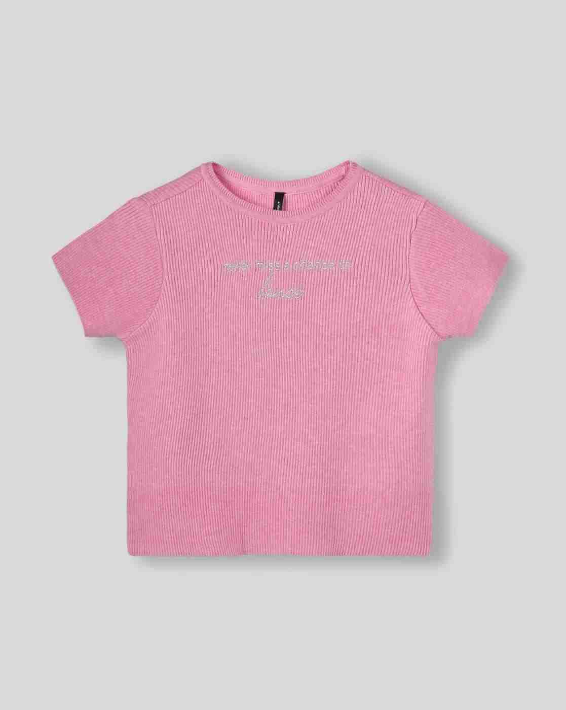 Girls Ribbed Relaxed Fit Round-Neck T-Shirt