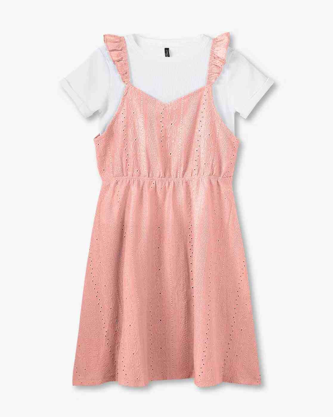 Girls Schiffli Embroidered Pinafore Dress with T-Shirt