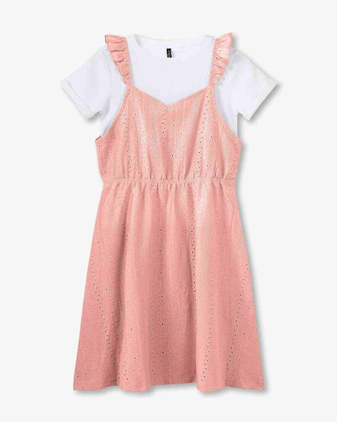 Girls Schiffli Embroidered Pinafore Dress with T-Shirt