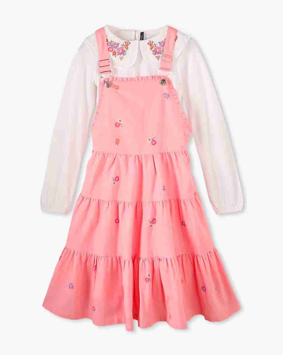 Girls Floral Print Regular Fit Dungaree with T-Shirt