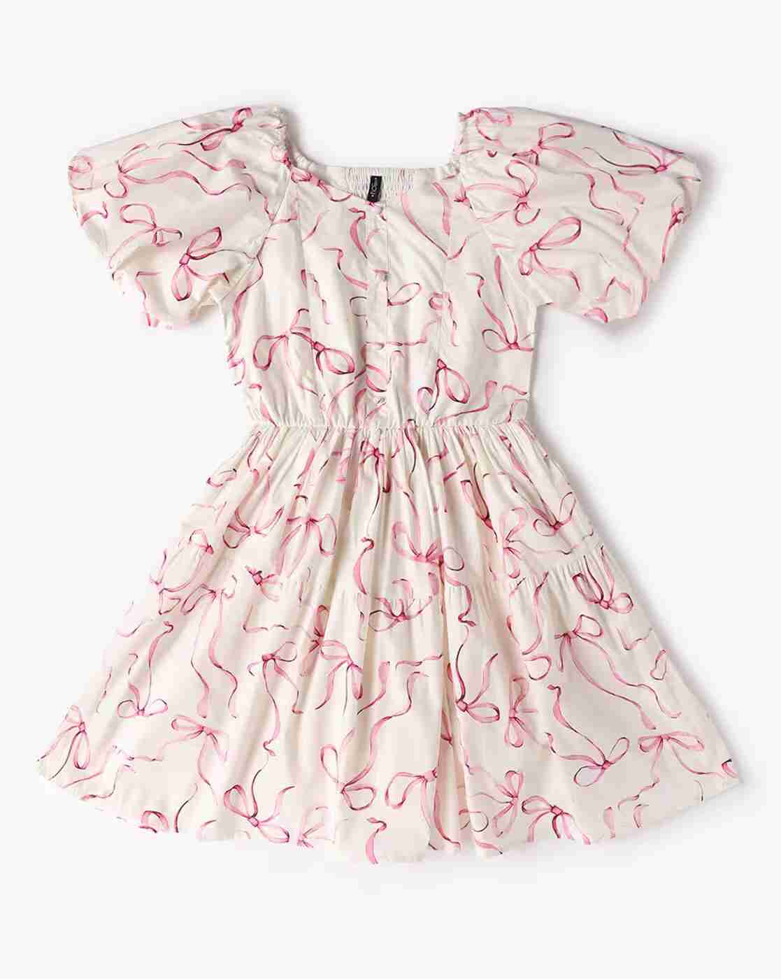 Girls Bow Print Fit & Flare Dress