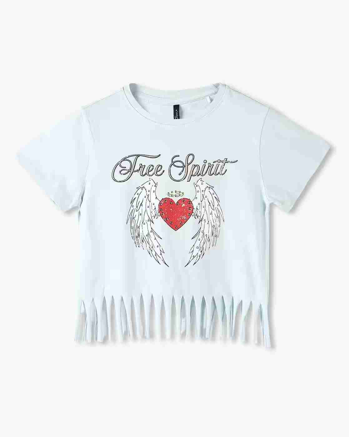 RIO GIRLS | Girls Printed Relaxed Fit Crew-Neck T-Shirt with Tassel Hem|0